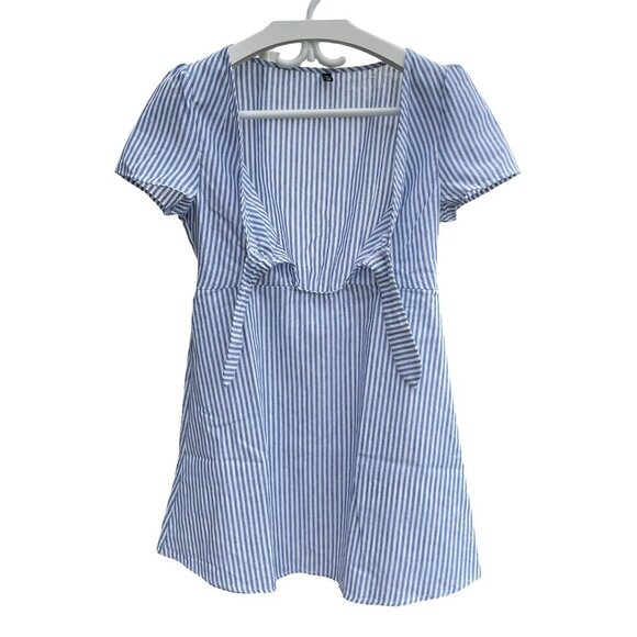 ZAFUL Blue White Striped Summer Dress Tunic Top Front-Tie Bouffant Sleeve Large - Picture 2 of 16